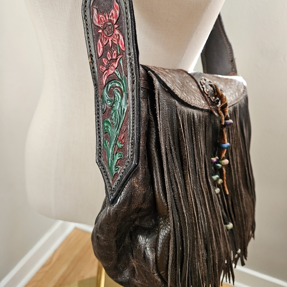 Vintage 70s Tooled Leather Braided Shoulder Strap Fringe Saddle Bag Purse - Picture 8 of 8